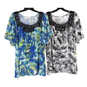 NWT HAMPSHIRE STUDIO Lot 2 ANIMAL & WATERCOLOR PRINT Lace Trim BLOUSE TOP Sz 3X
